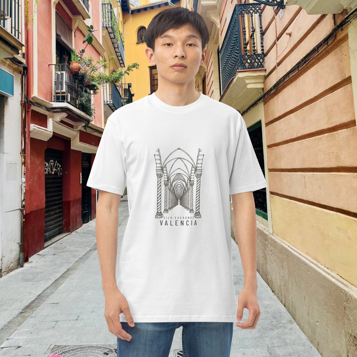 Valencia Silk Exchange Tee — Minimalist Travel Graphic | Men’s Cotton Heritage Europe Edit