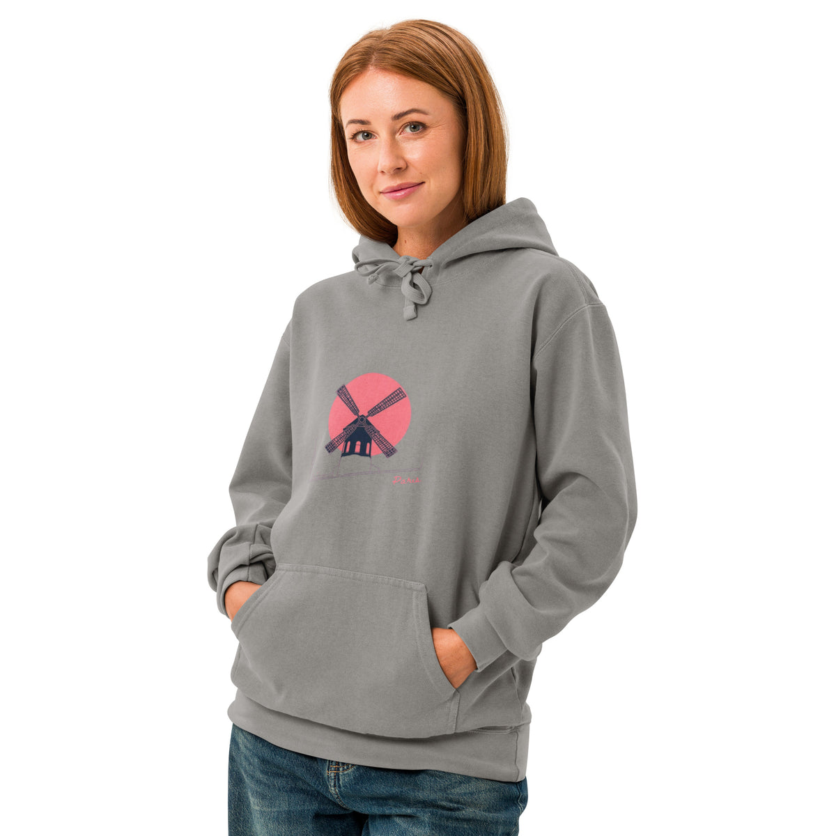 Unisex Paris Windmill Hoodie — Black Windmill Red Moon Backdrop Europe Edit