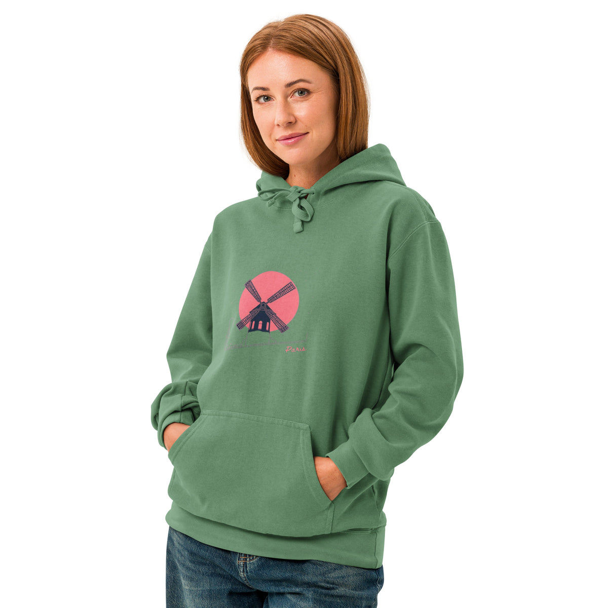 Unisex Paris Windmill Hoodie — Black Windmill Red Moon Backdrop Europe Edit